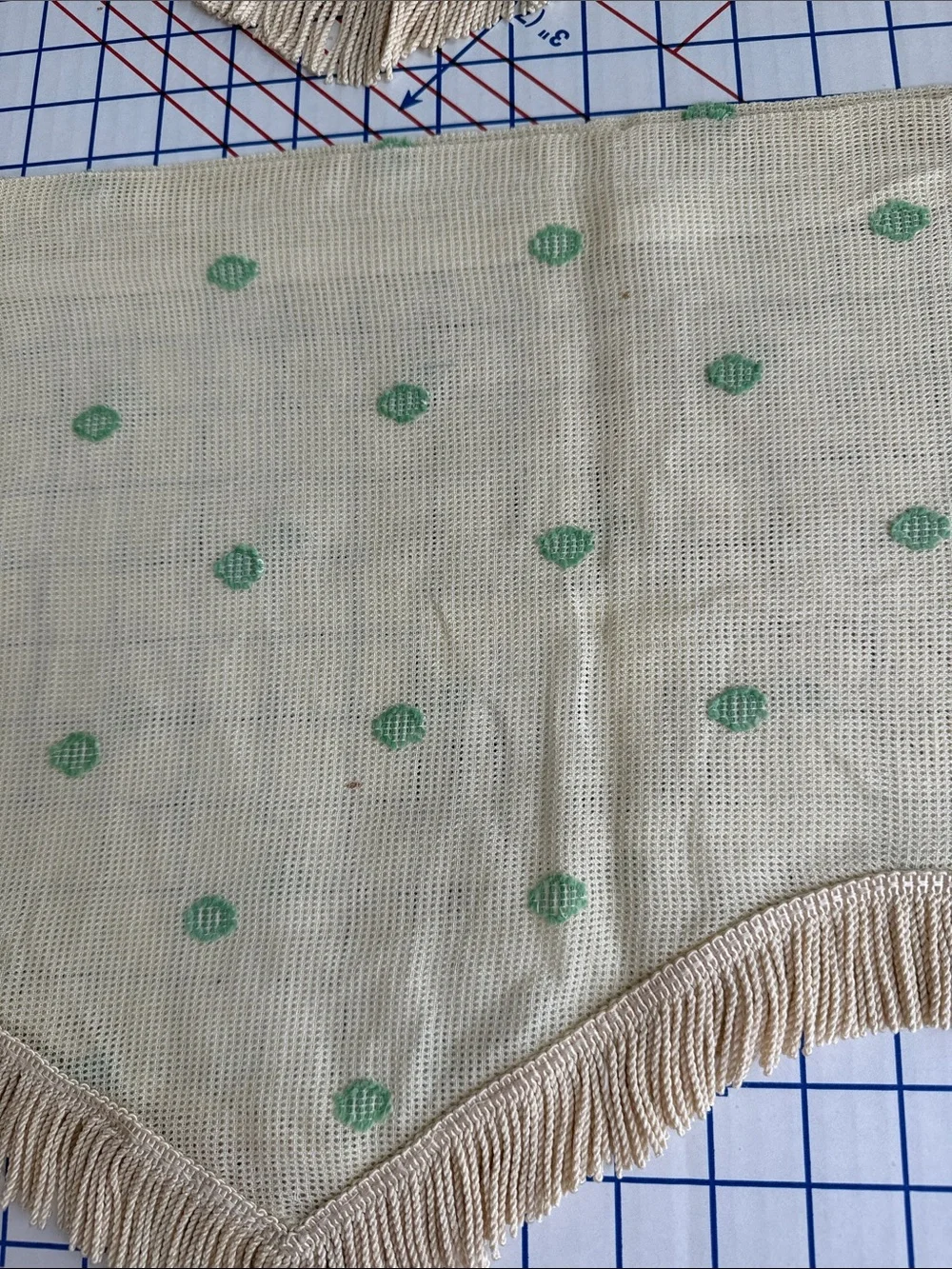 Antique 1920s 1930s Valances Set of 3 Fringed Plaid Green Dot Window Curtains